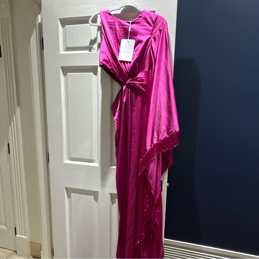MAC DUGGAL PURPLE CHARMEUSE FRINGE KAFTAN-SLEEVE GOWN - NWT $495
